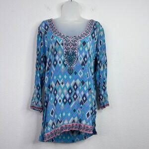Tolani Shirt Womens S Blue Silk Geometric Abstract Artsy Boho Hooded Tunic‎